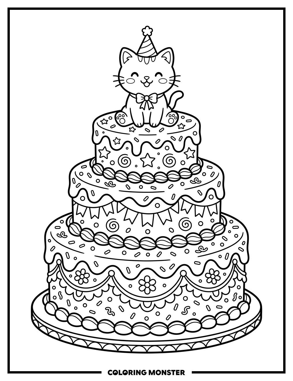 Birthday Cake With Kitty Topper Coloring Page