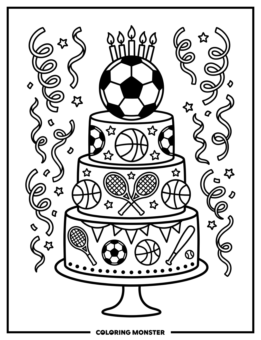 Birthday Cake with Sports Equipment Coloring Page