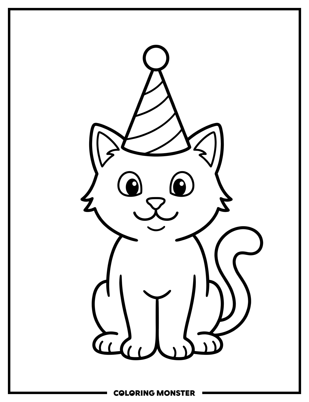 Birthday Cat with Party Hat Coloring Page