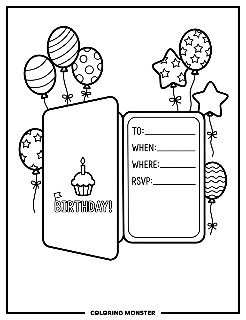 Birthday Invitation Card with Balloons Coloring Page