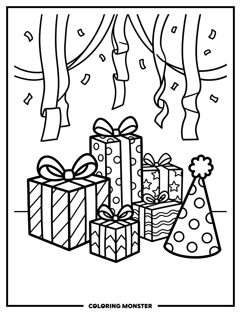 Birthday Presents and Party Hat Coloring Page