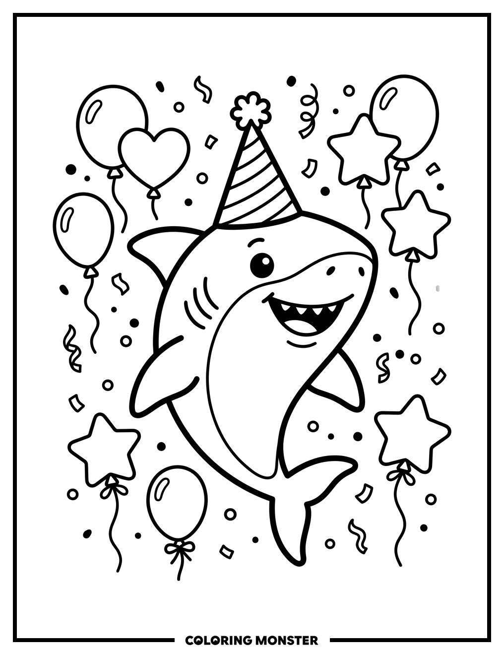 Birthday Shark With Balloons Coloring Page