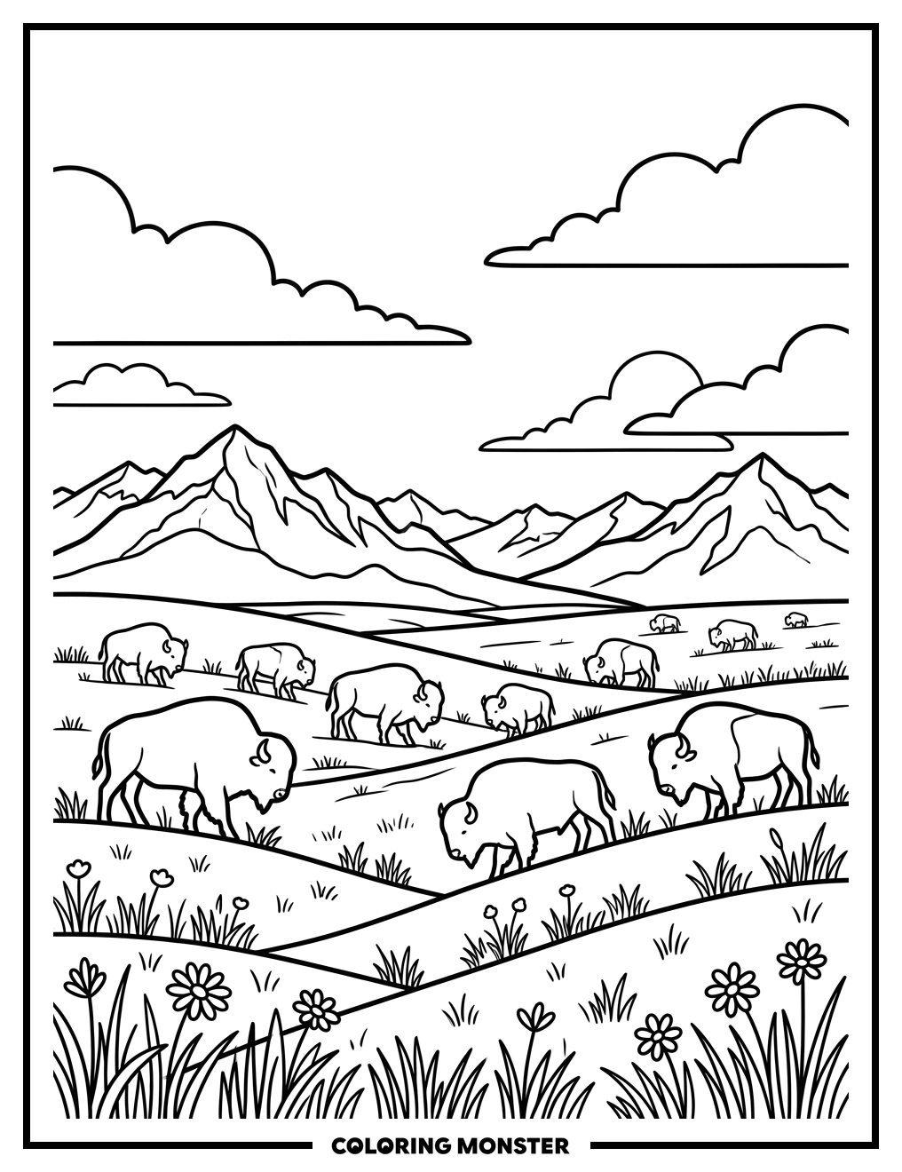 Bison Herd on the Prairie Coloring Page