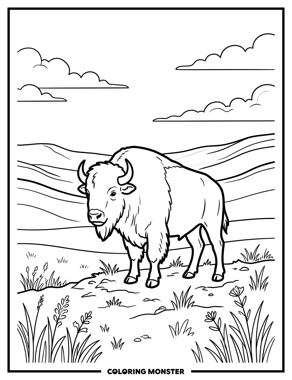 Bison on Wyoming Prairie Coloring Page