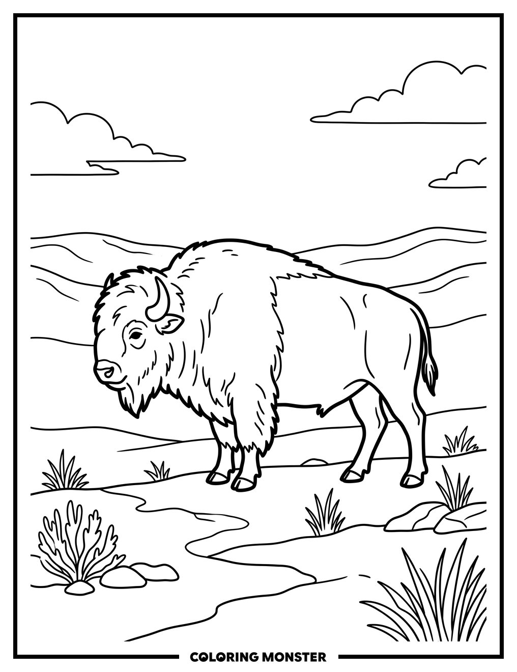 Bison on Wyoming Prairie Coloring Page