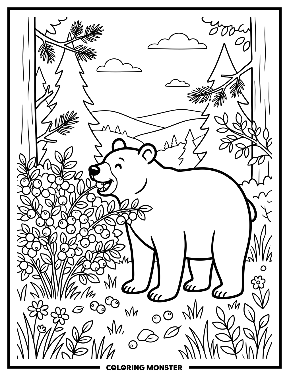 Black Bear Eating Berries Coloring Page