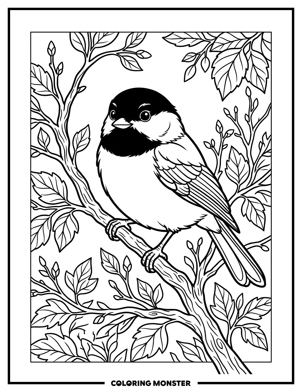 Black Capped Chickadee on Branch Coloring Page