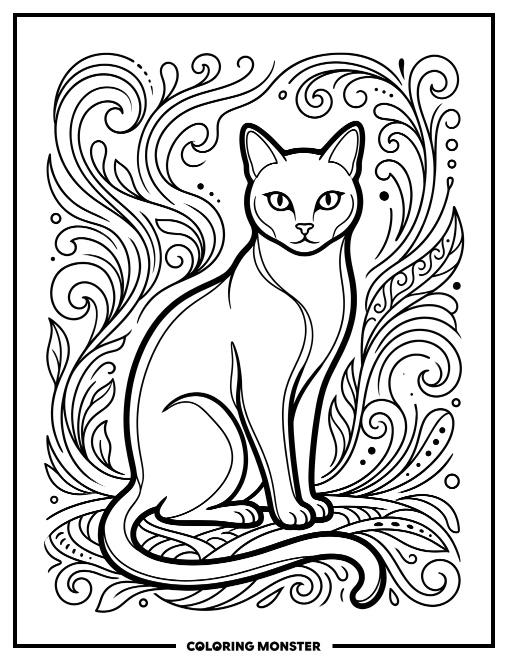 Black Cat Amidst Swirling Patterns Coloring Page