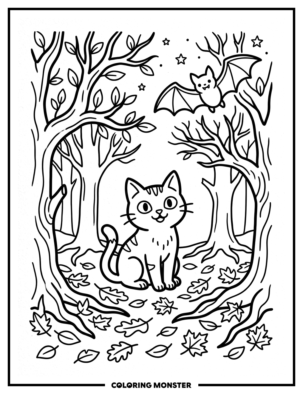 Black Cat Among Spooky Trees Coloring Page