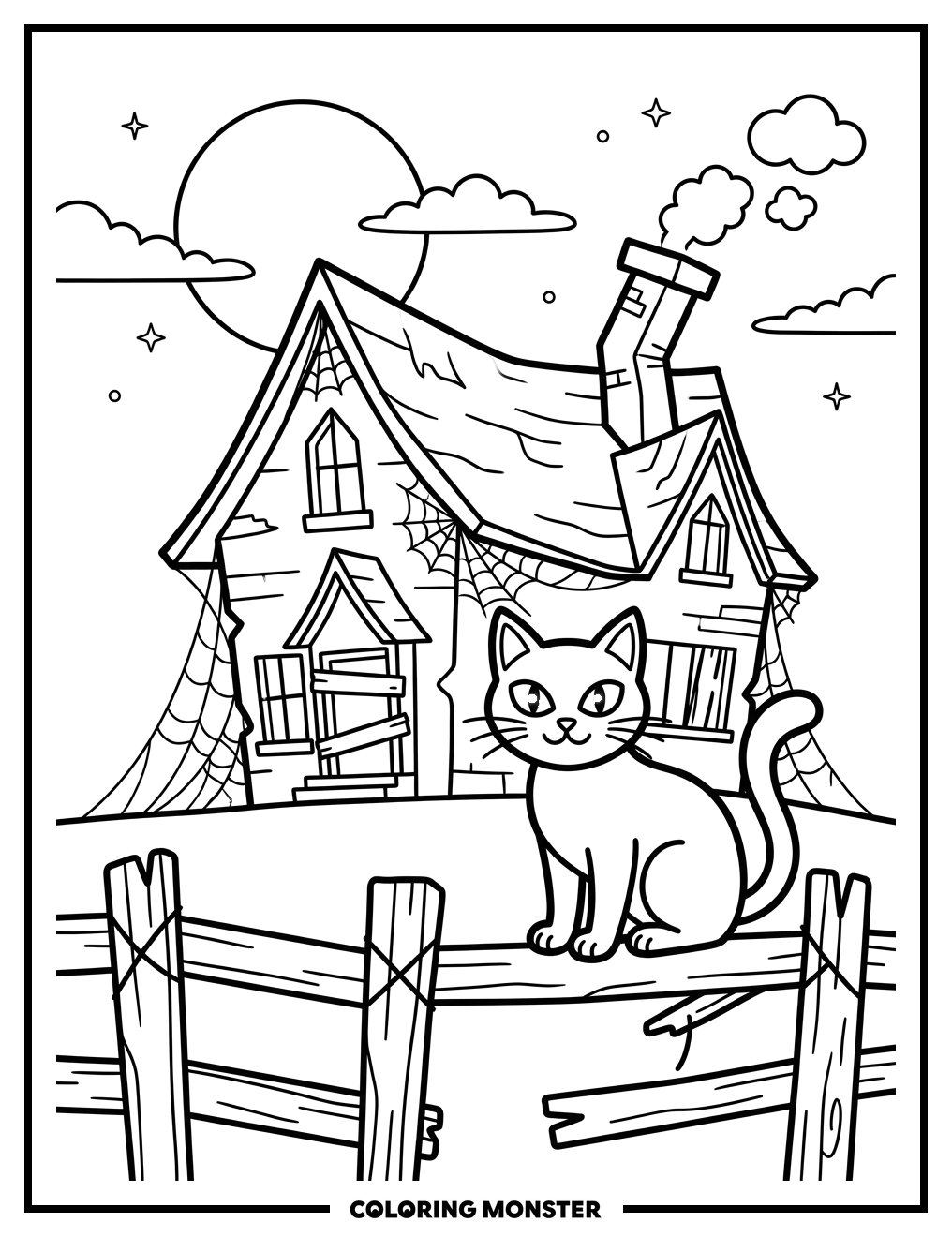 Black Cat and Haunted House Coloring Page