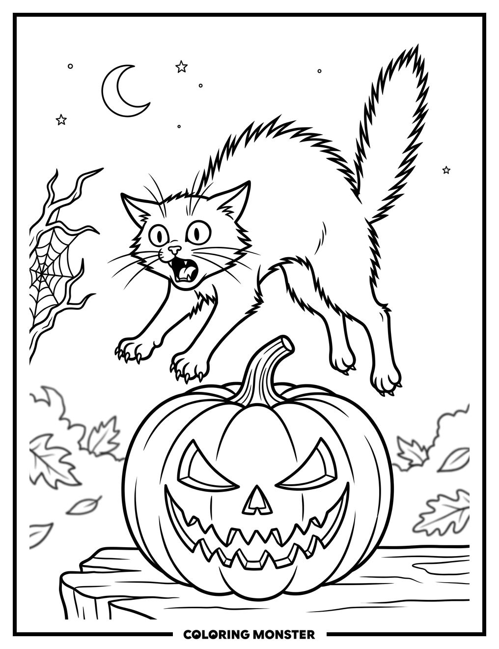 Black Cat Leaping from Pumpkin Coloring Page