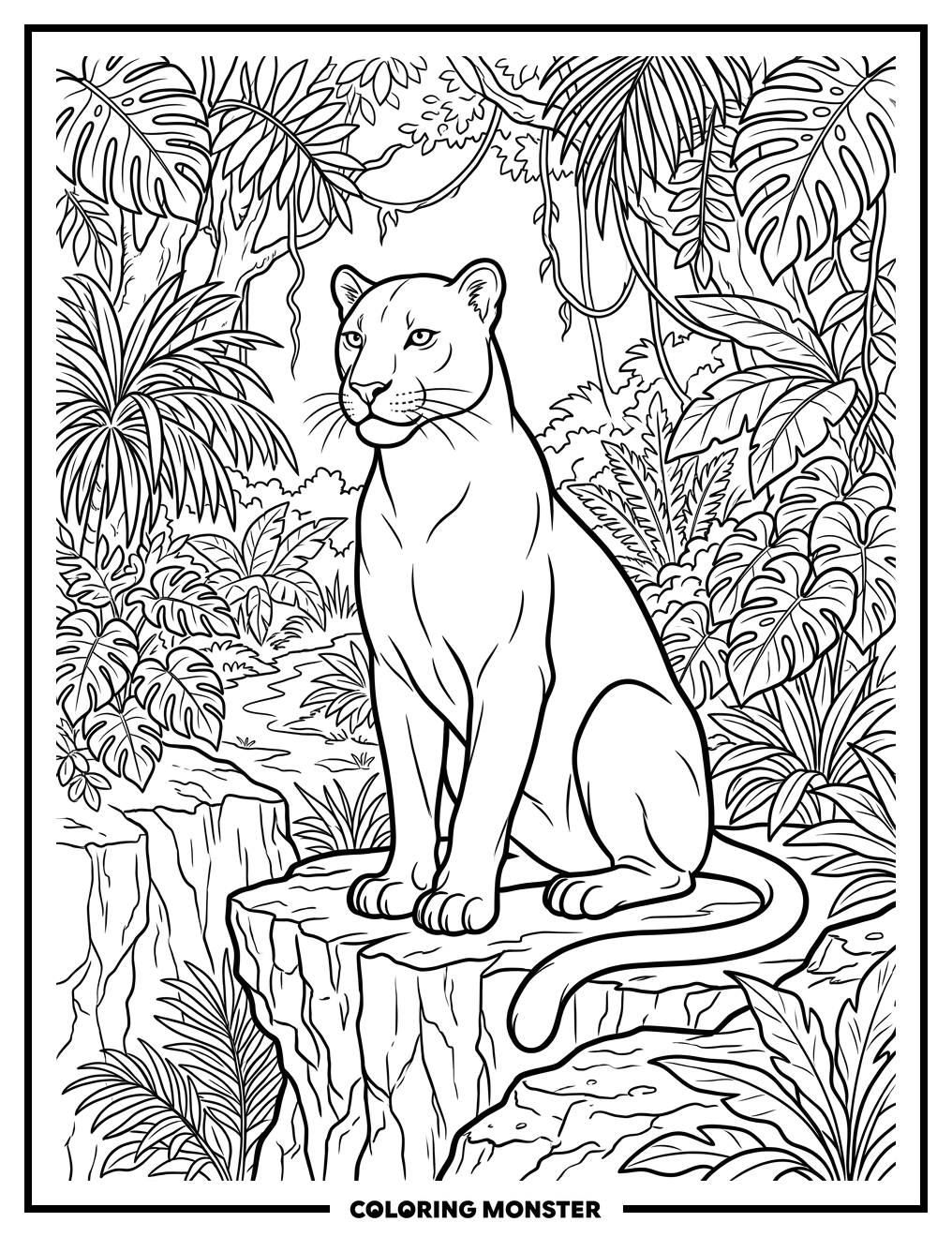 Black Panther on Rocky Jungle Outcrop Coloring Page