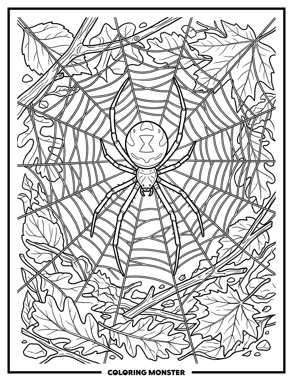 Black Widow Spider and Web Coloring Page