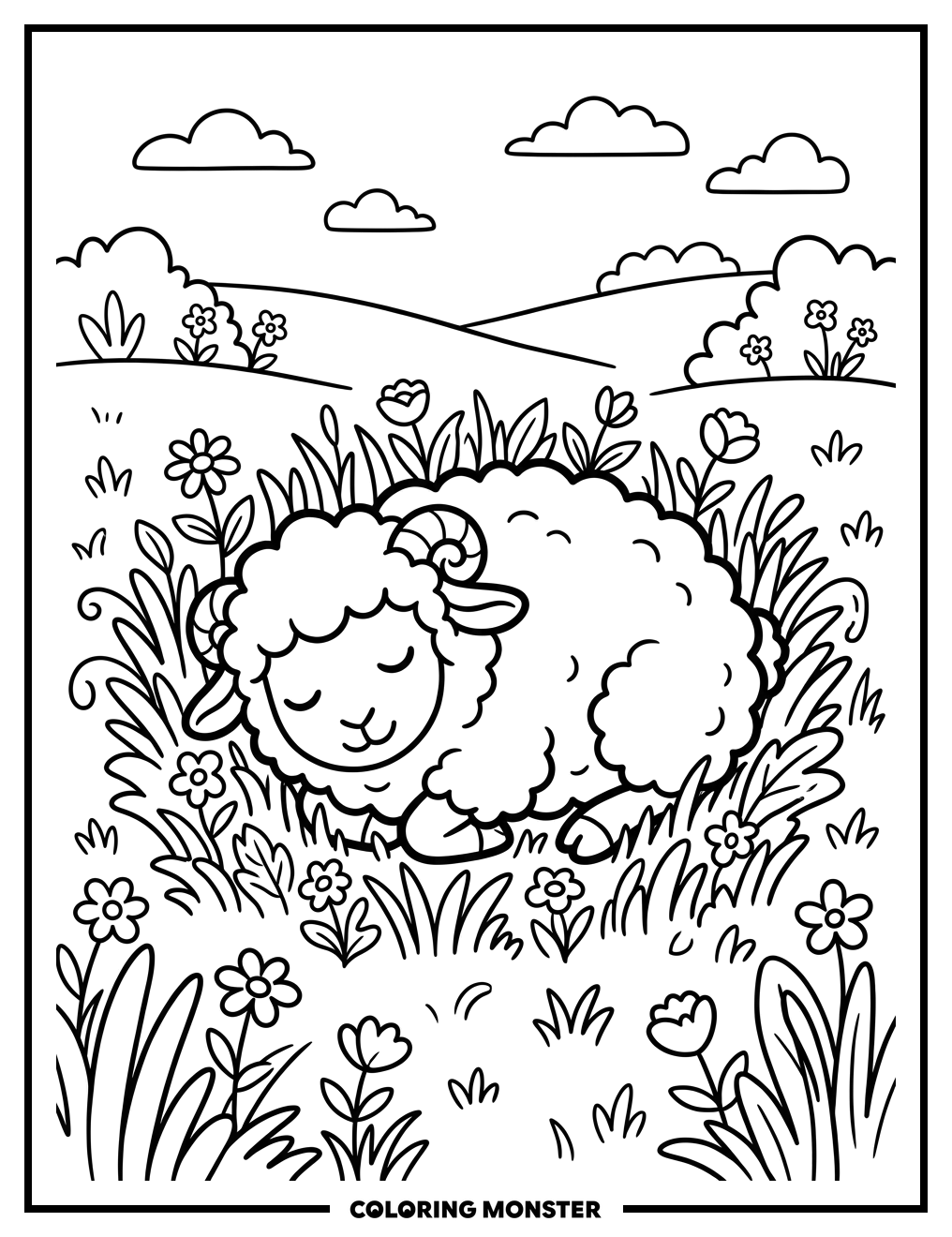 Bleuy the Sheep Sleeping in a Meadow Coloring Page