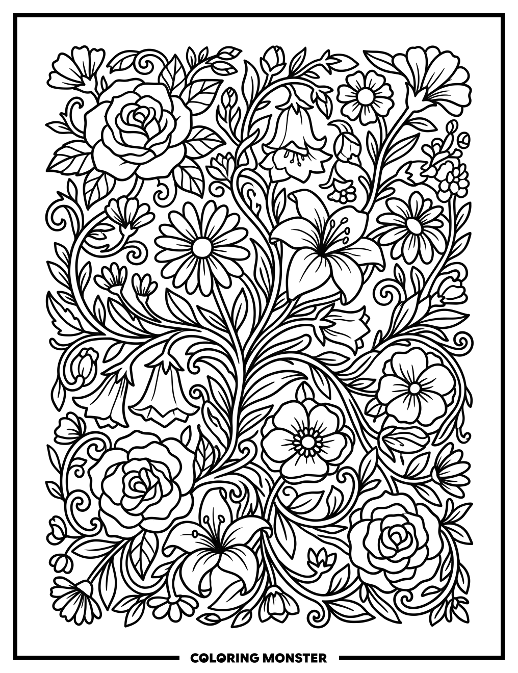 Blooming Flowers and Winding Vines Coloring Page