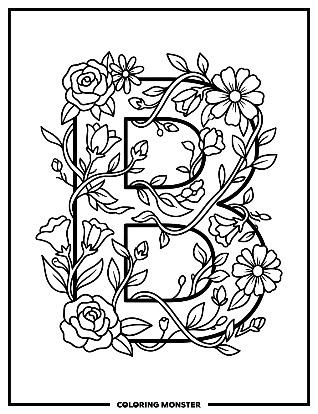 Blooming Letter B with Flowers and Vines Coloring Page