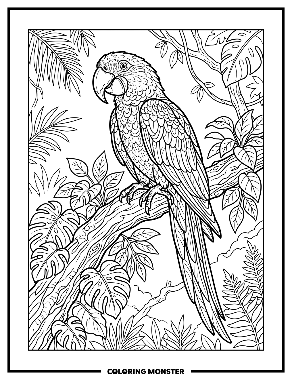 Blue Macaw Perched on a Branch Coloring Page