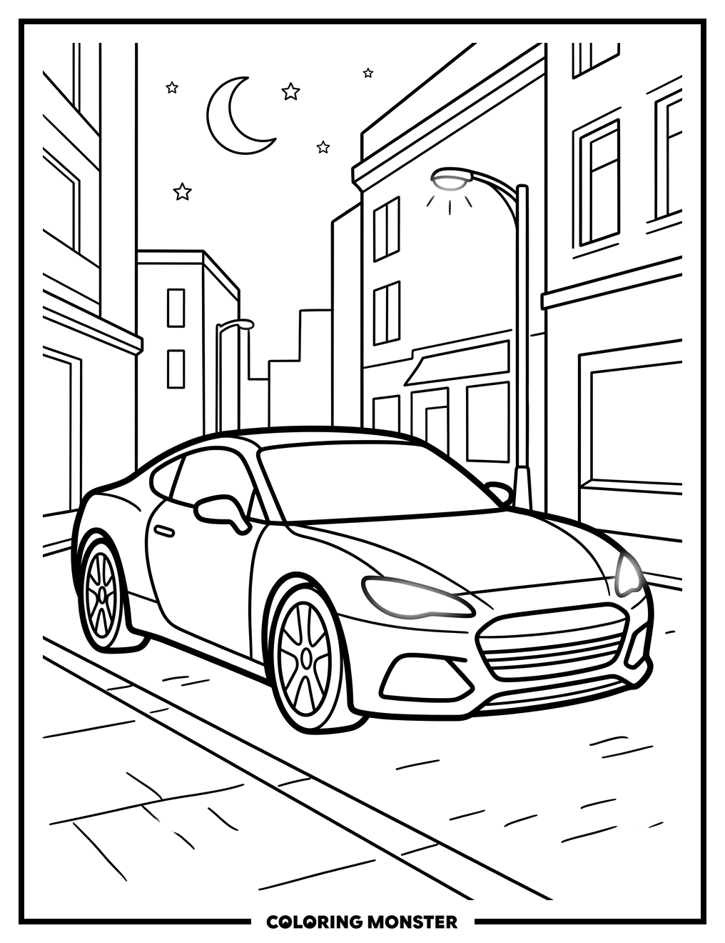 Blue Sports Car At Dusk Coloring Page