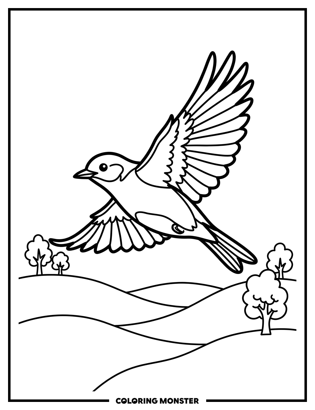 Bluebird in Flight Over Rolling Hills Coloring Page