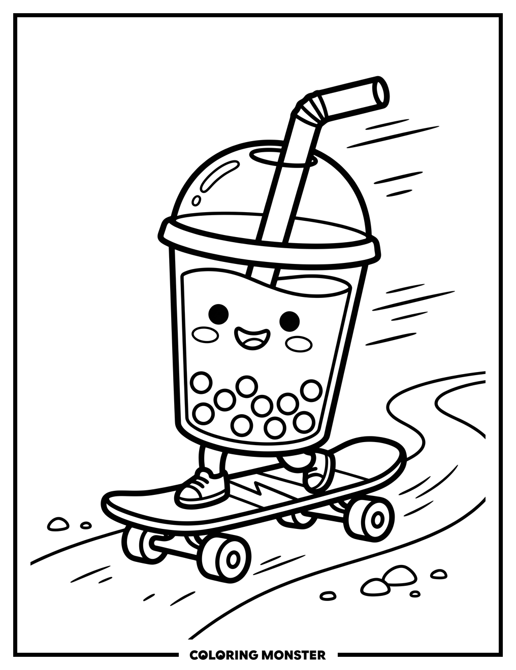 Boba Tea Cup on Skateboard Coloring Page