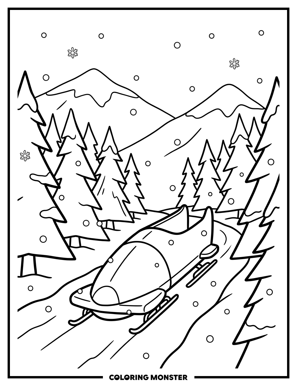 Bobsled on Snowy Mountain Coloring Page
