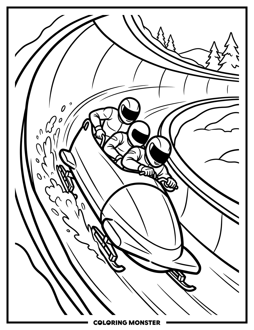 Bobsled Race on Icy Track Coloring Page