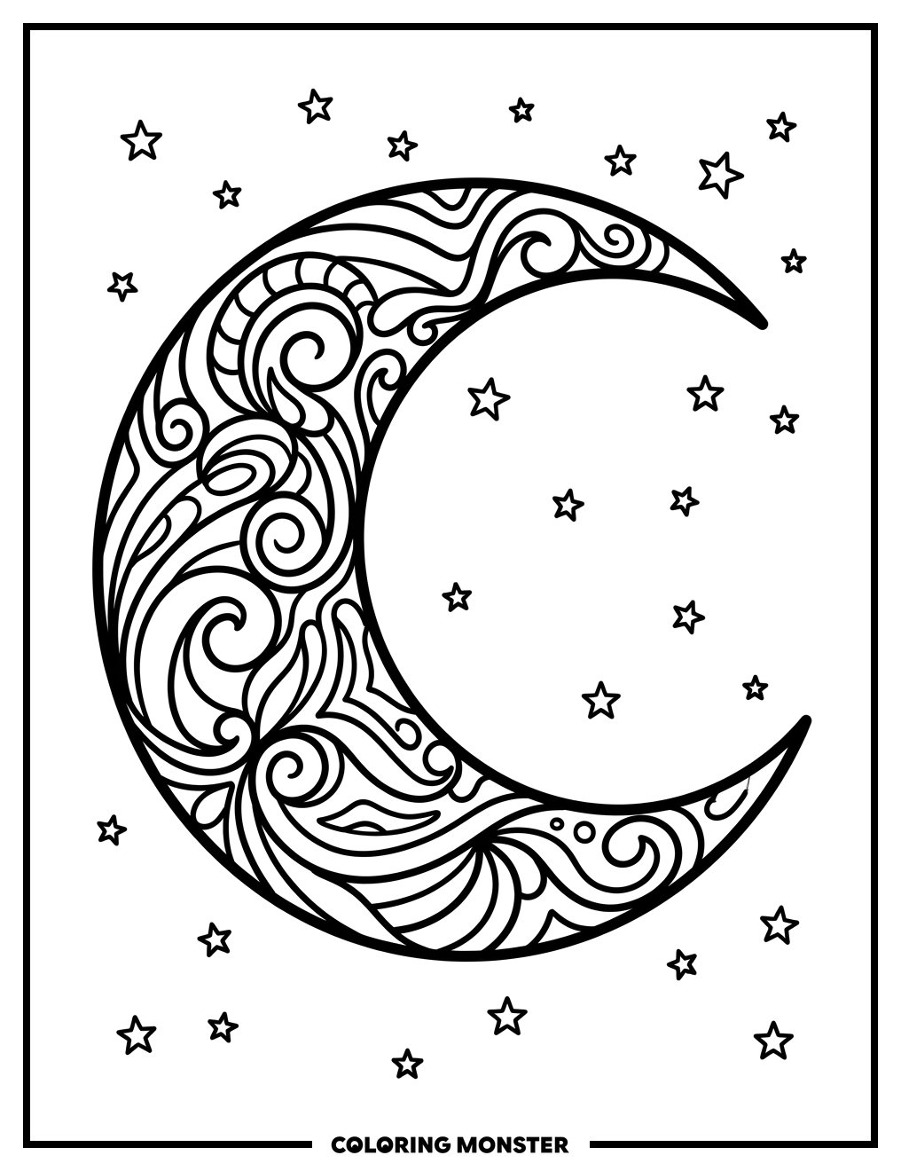 Bohemian Crescent Moon and Stars Coloring Page