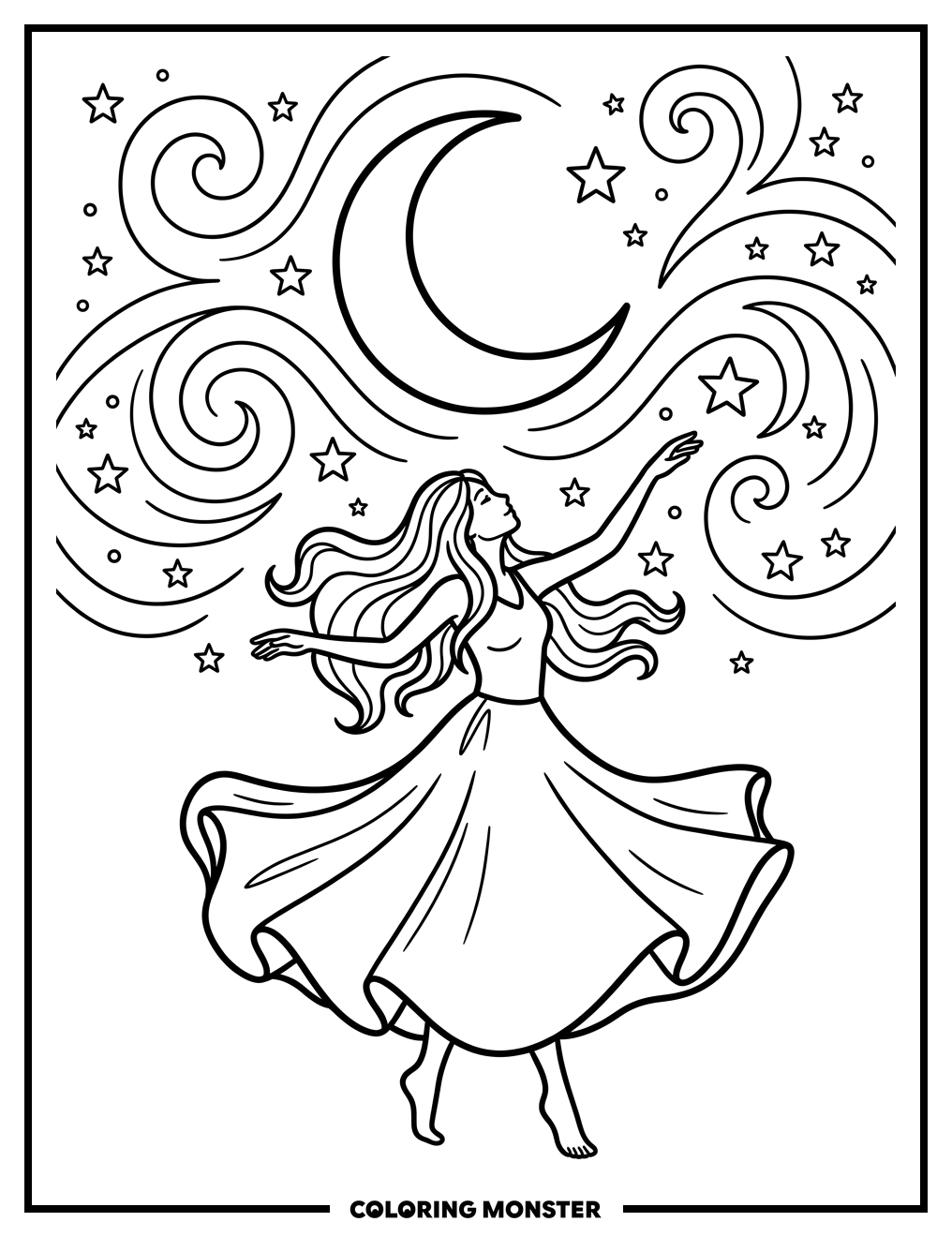 Bohemian Dancer Under Crescent Moon Coloring Page