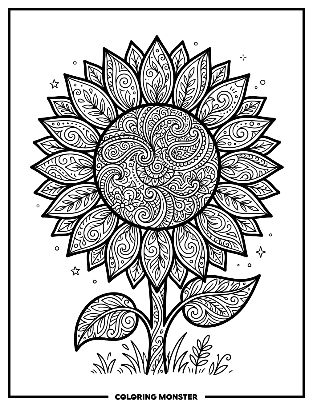 Bohemian Sunflower Pattern Coloring Page