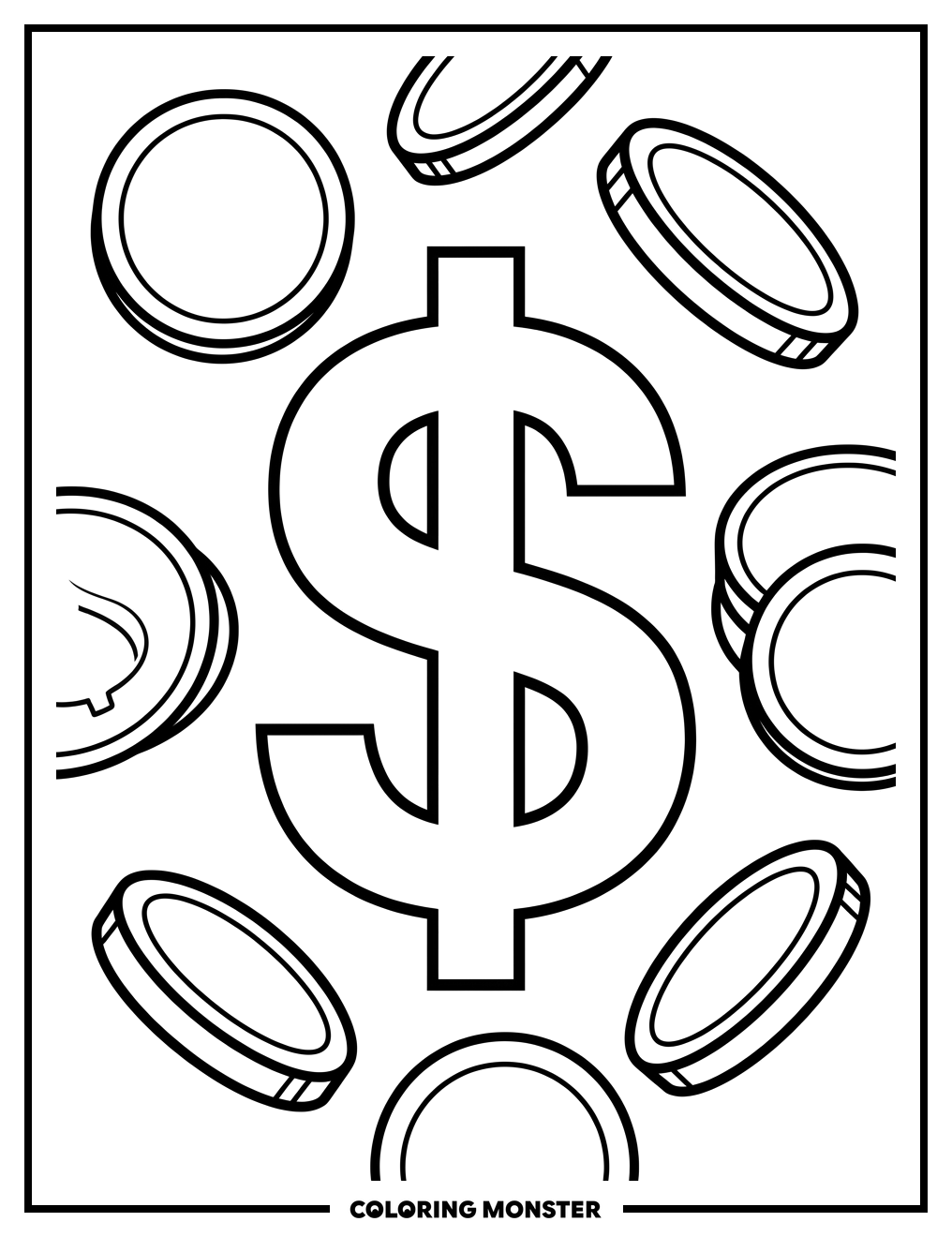 Bold Dollar Sign with Gold Coins Coloring Page