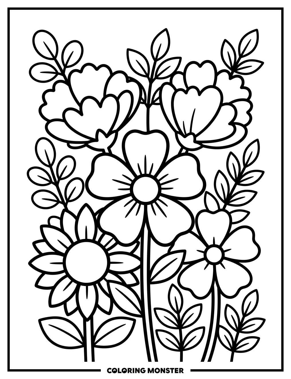 Bold Flowers and Leaves Coloring Page