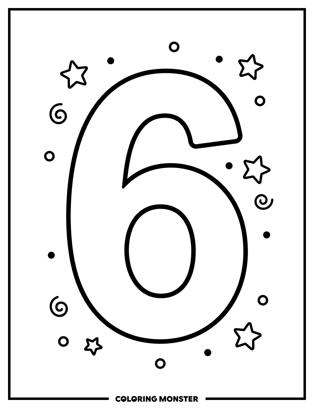 Bold Number Six With Stars Coloring Page