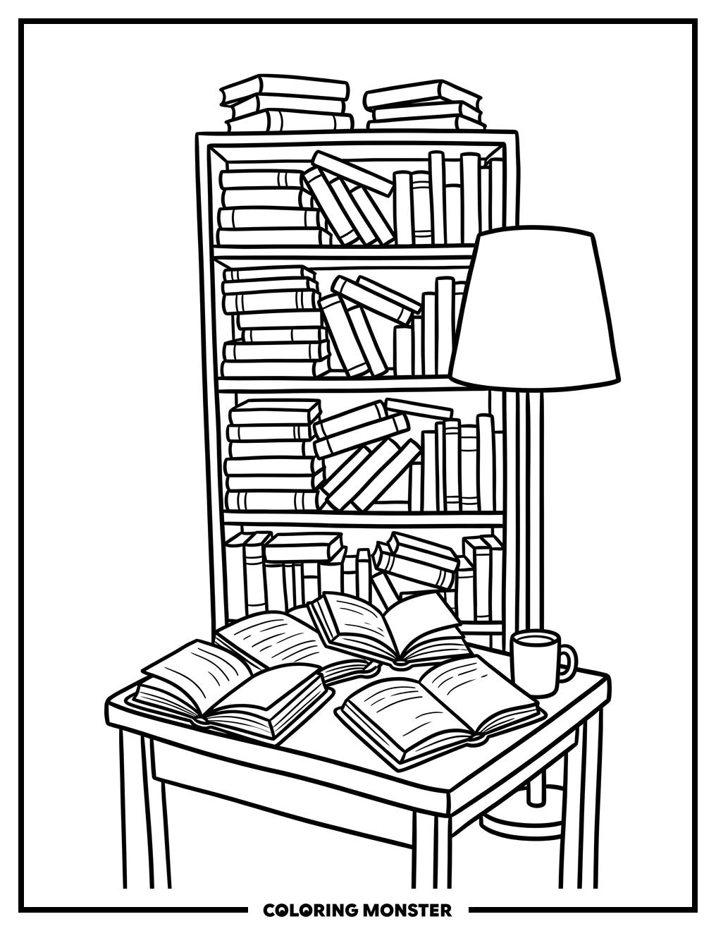 Bookshelf and Reading Lamp Coloring Page