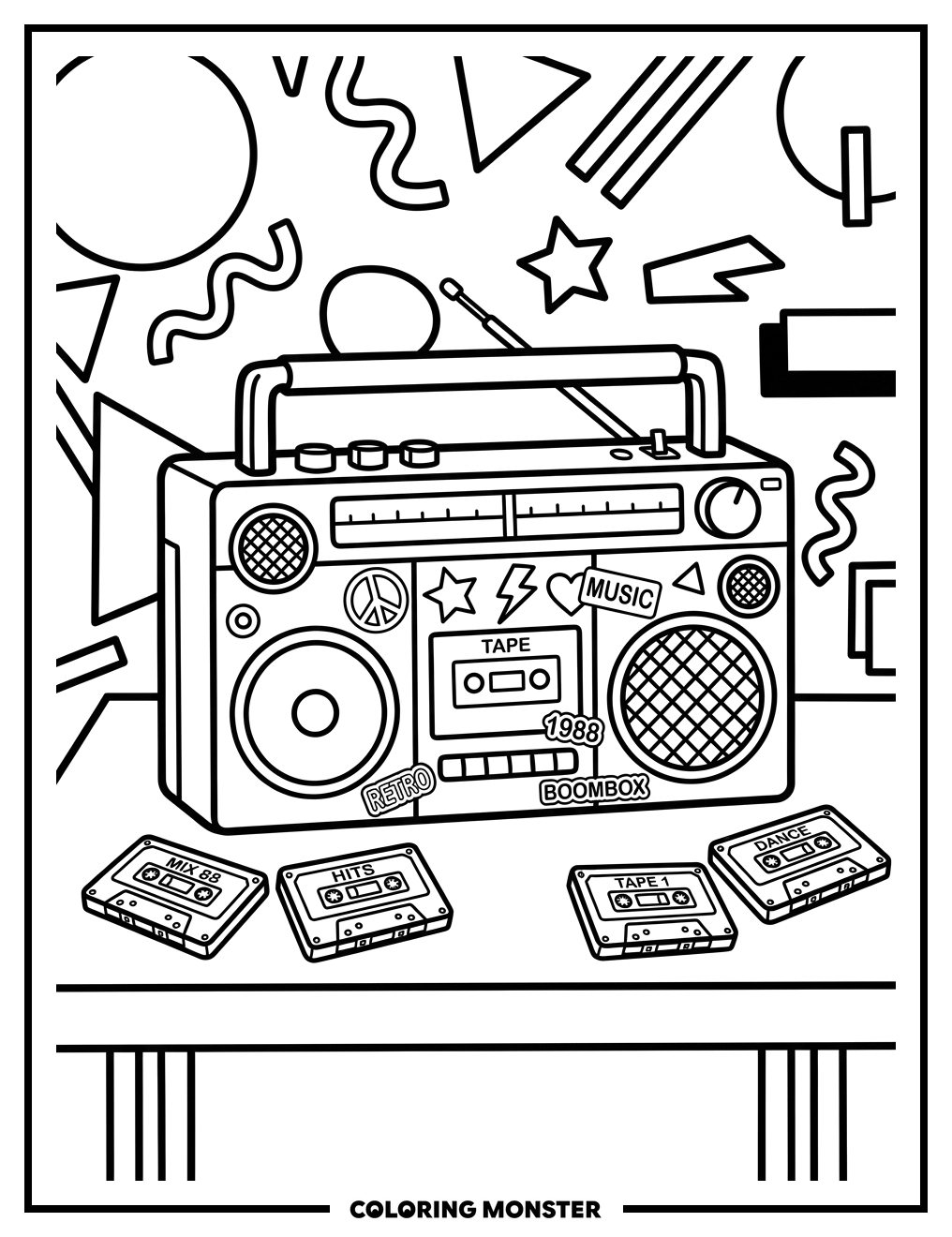 Boombox and Cassette Tapes Coloring Page