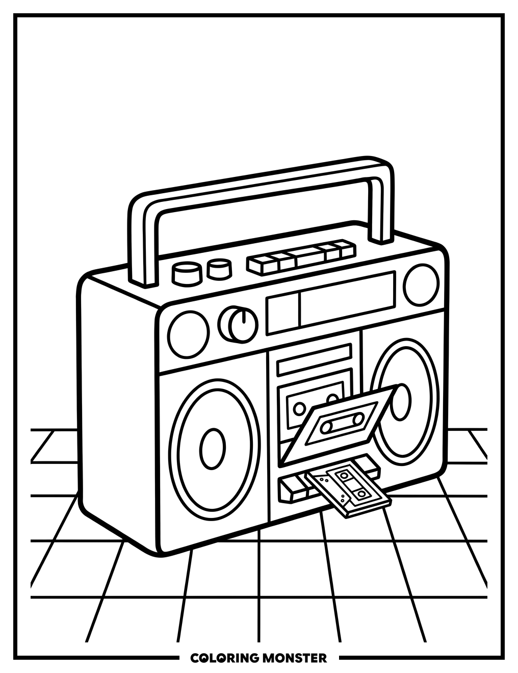 Boombox With Cassette Tape Coloring Page