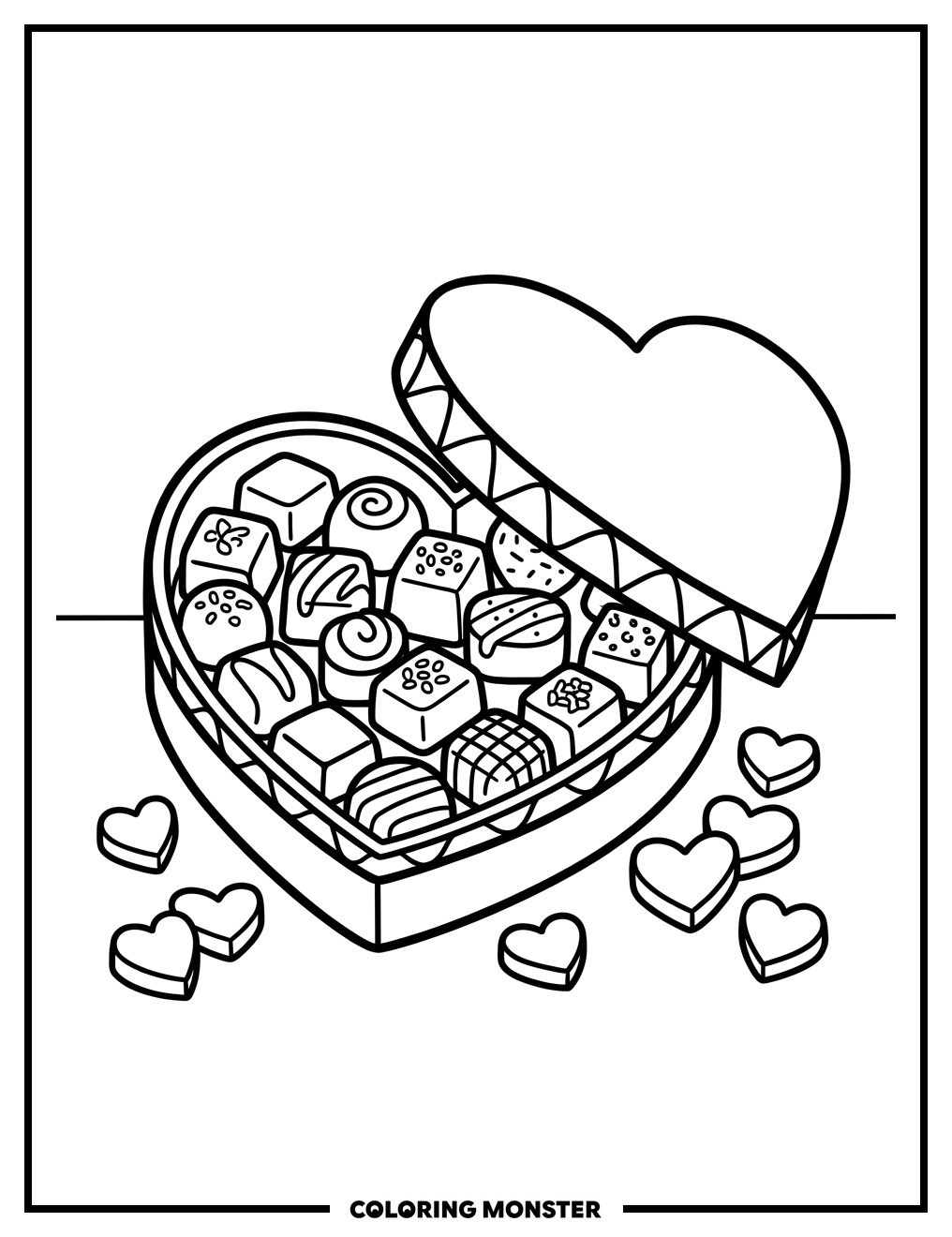 Box of Chocolates and Candy Hearts Coloring Page