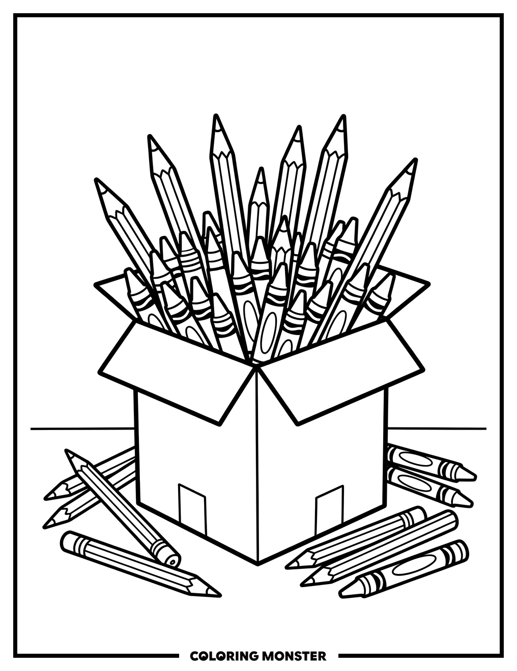 Box Overflowing With Crayons and Pencils Coloring Page