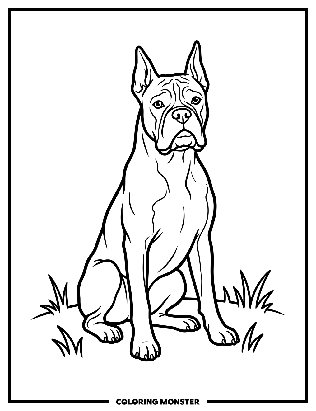 Boxer Dog Sitting in Grass Coloring Page