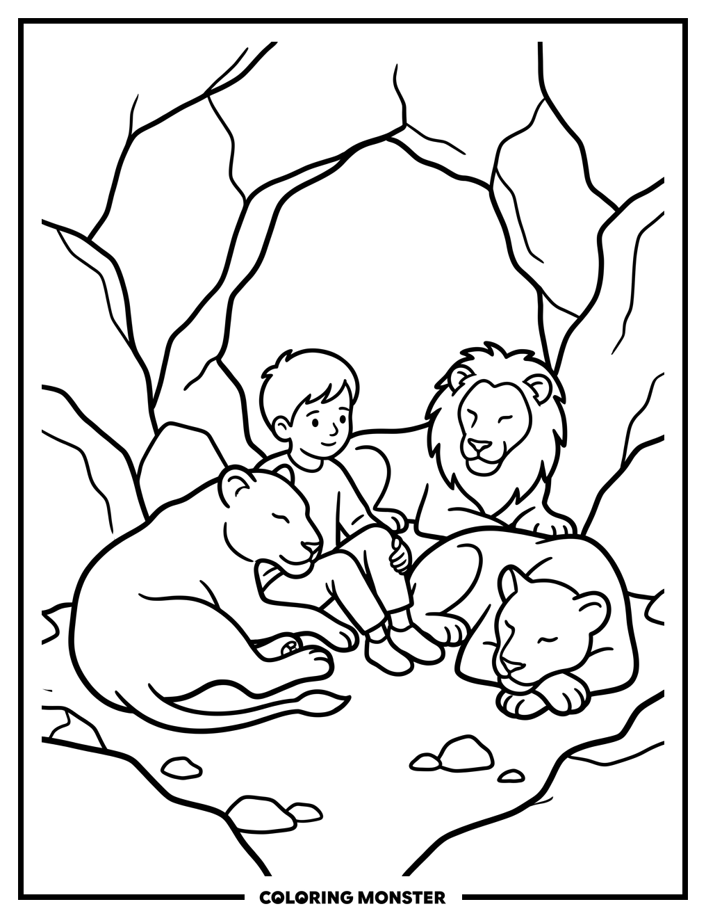 Boy and Gentle Lions in Cave Coloring Page
