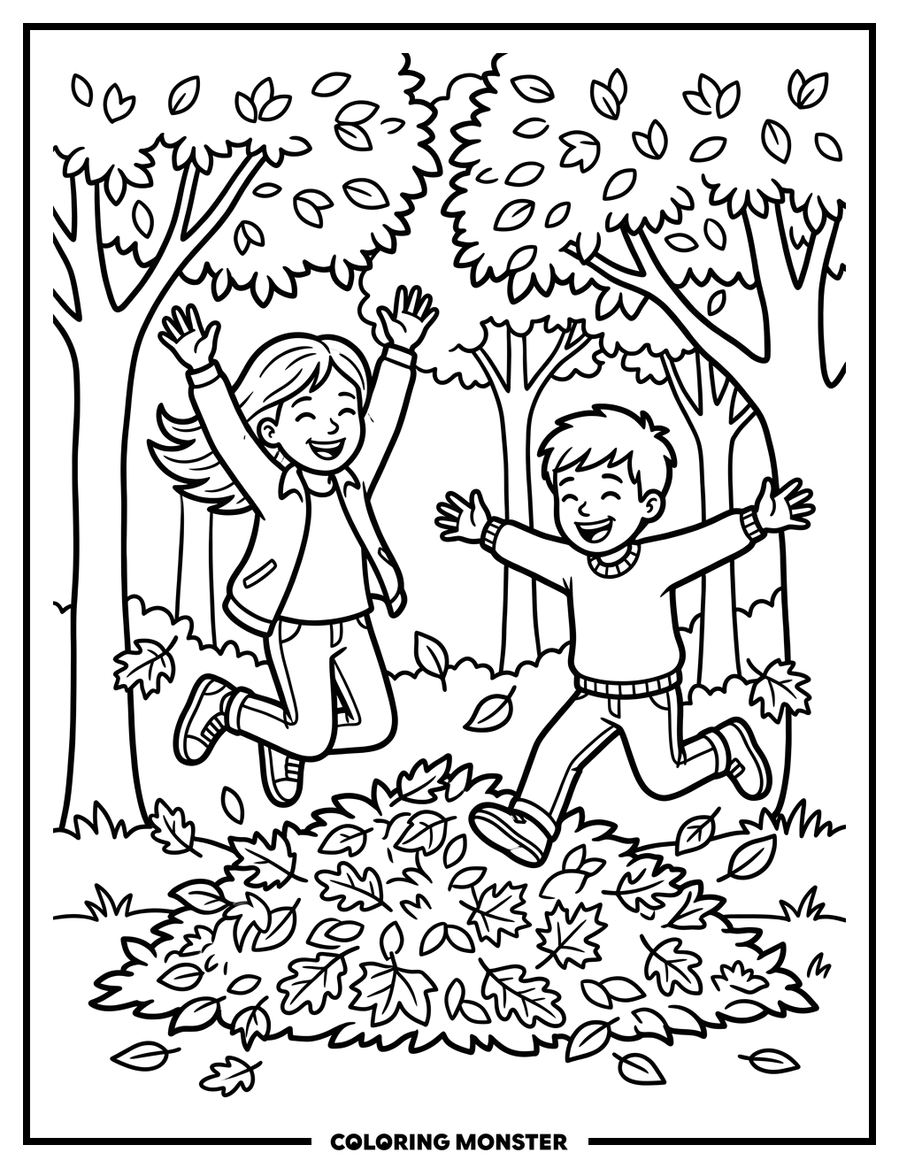 Boy and Girl Jumping in Autumn Leaves Coloring Page
