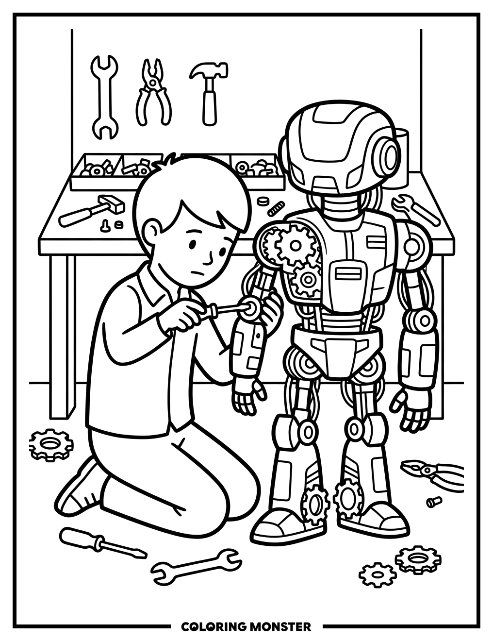 Boy Assembling a Futuristic Robot Coloring Page