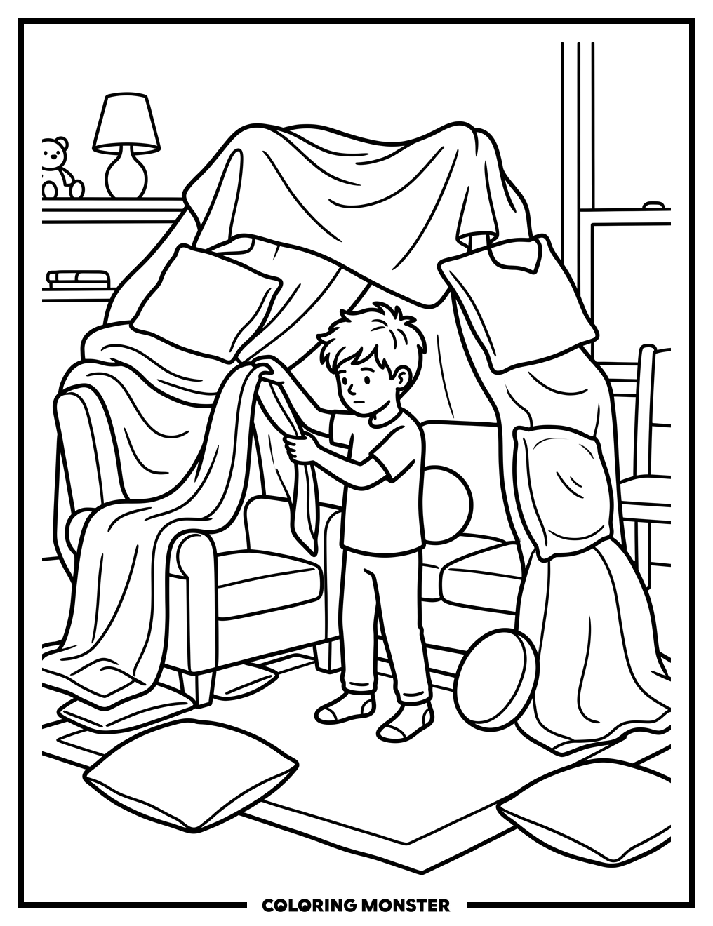Boy Building Blanket Fort Coloring Page