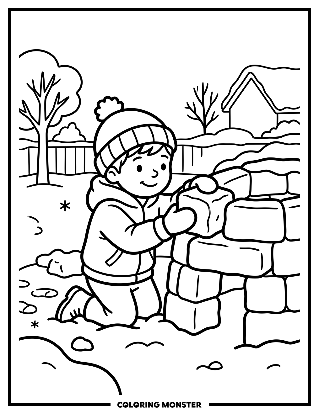Boy Building Snow Fort Coloring Page