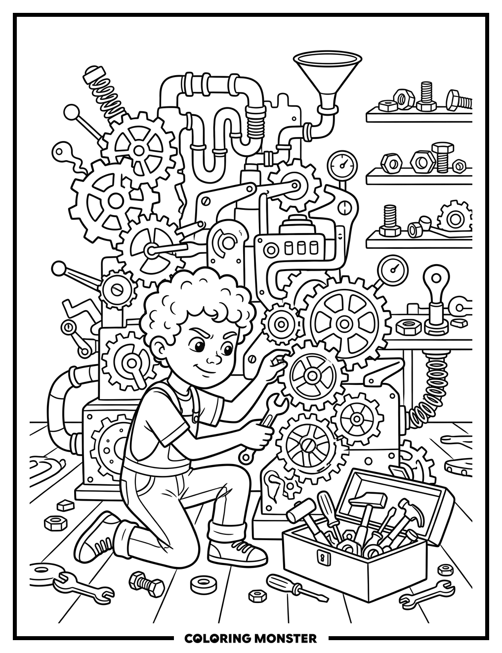 Boy Builds a Fantastical Machine Coloring Page