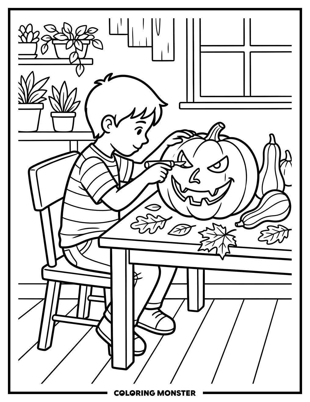 Boy Carving a Pumpkin Coloring Page