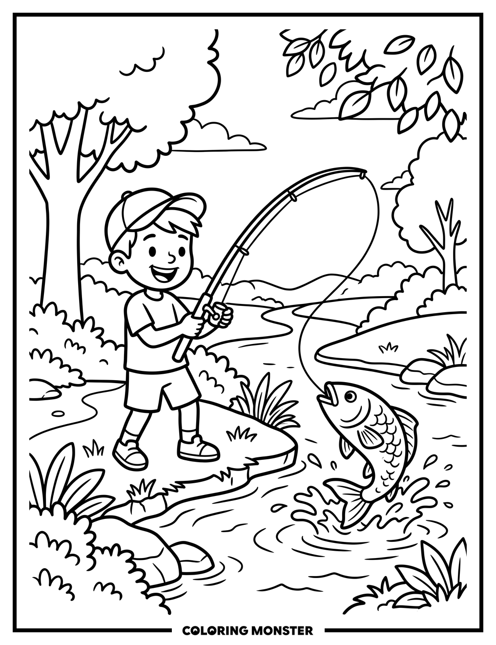 Boy Catches Big Fish Coloring Page