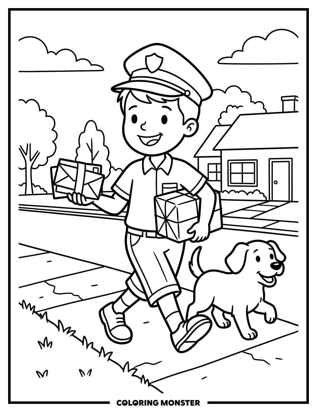 Boy Delivering Mail With Dog Coloring Page