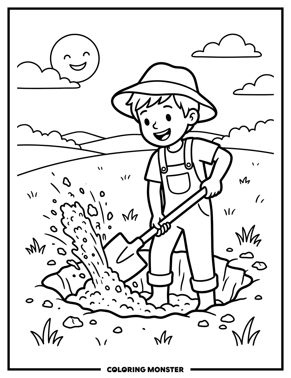 Boy Digging a Well Coloring Page