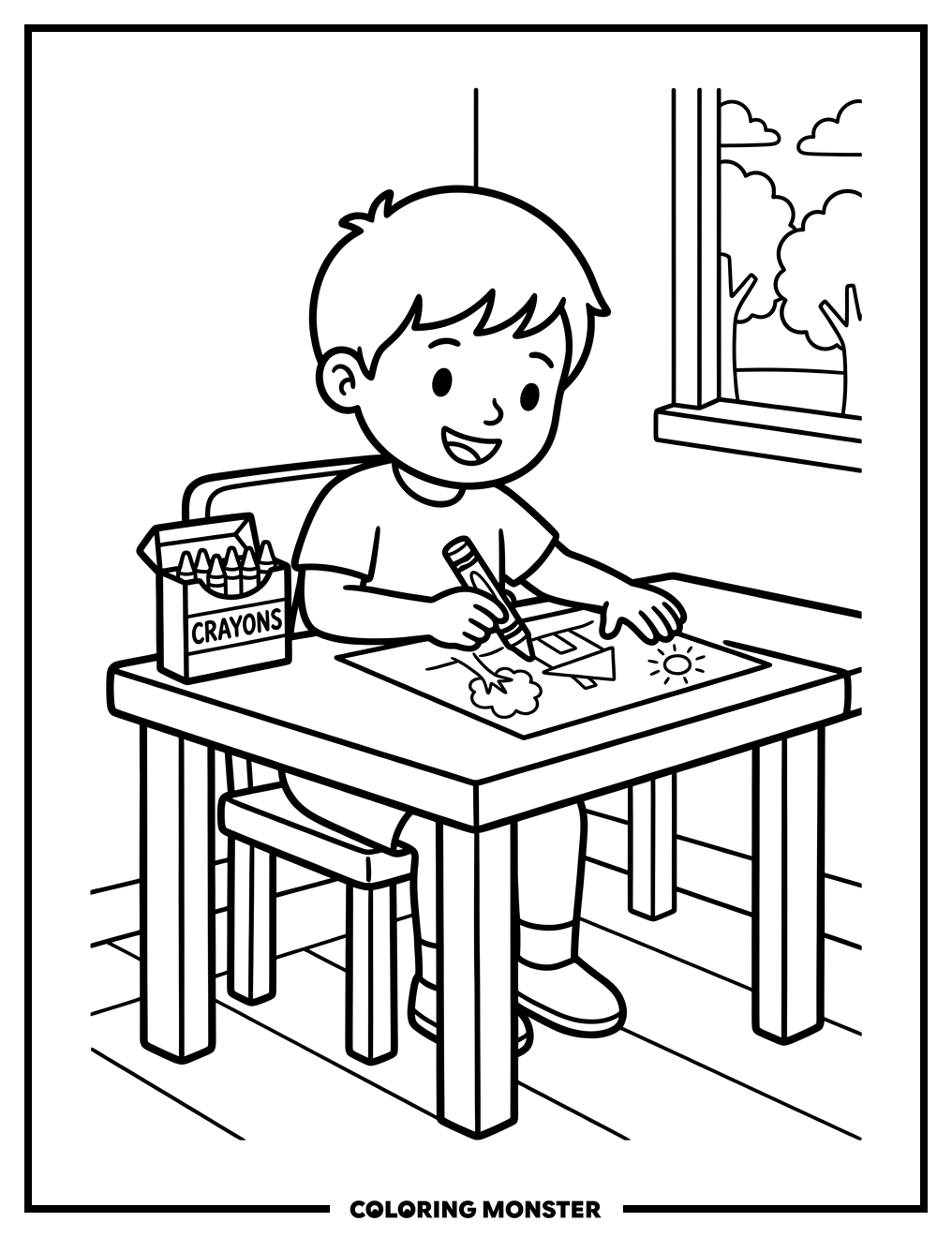 Boy Drawing With Crayons Coloring Page