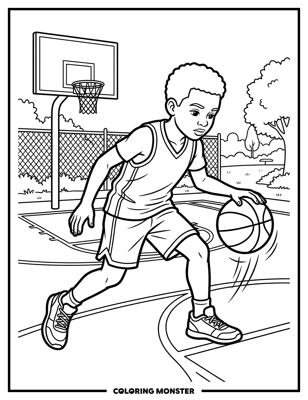 Boy Dribbling a Basketball Coloring Page